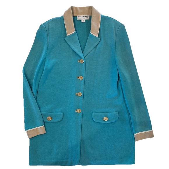 Vintage‎ St. John Collection By Marie Gray Knit Long Jacket SZ 10 Turquoise Gold - Picture 1 of 10